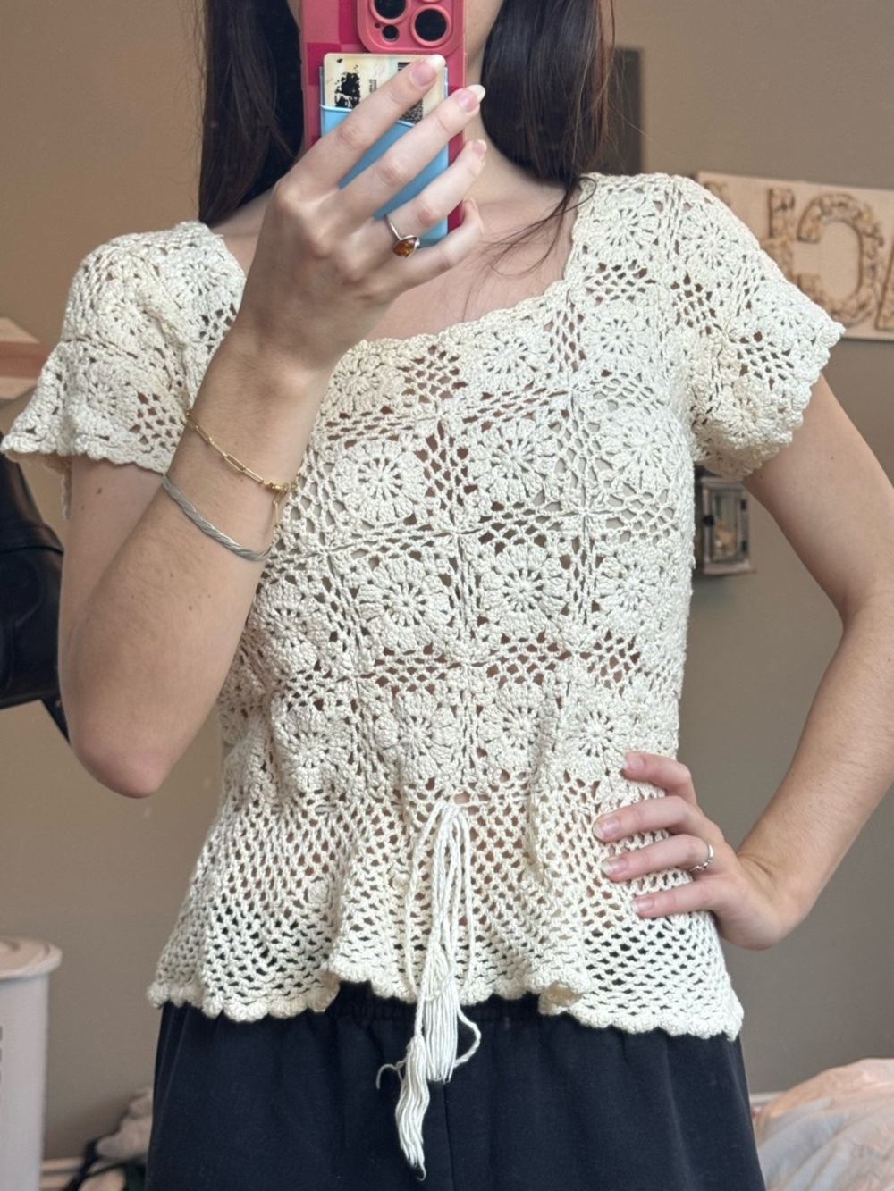 Crochet Peplum Tie-Waist Top - Cream